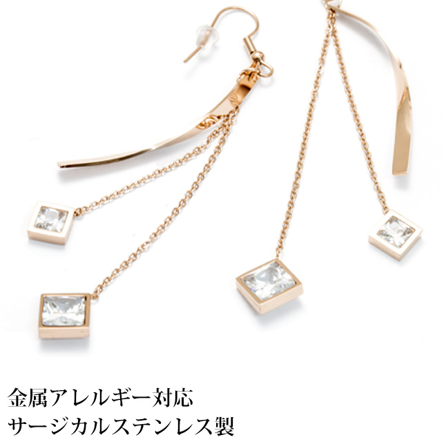 ダイヤカットCZ&ロングウェーブ ステンレス フックピアス (1ペア) ポーチ入り