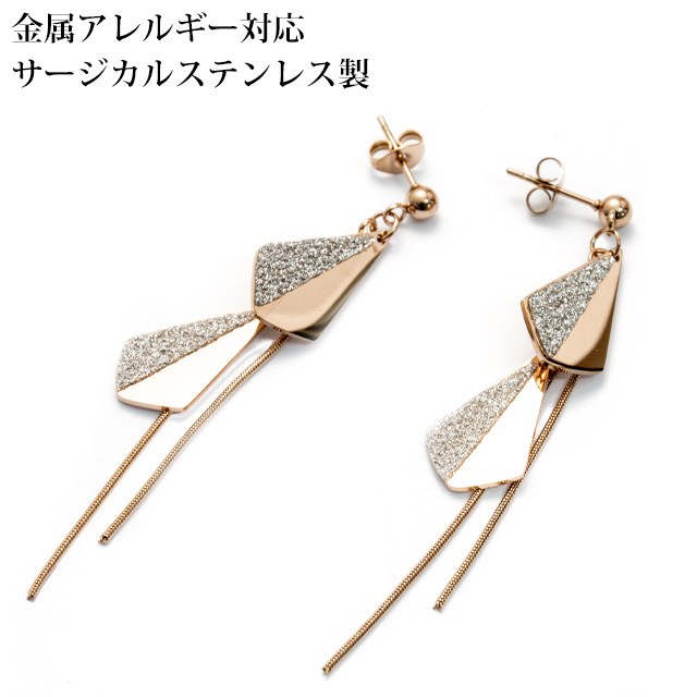 ダブルプレート&ダブルロングチェーン ステンレスピアス (1ペア) ポーチ入り