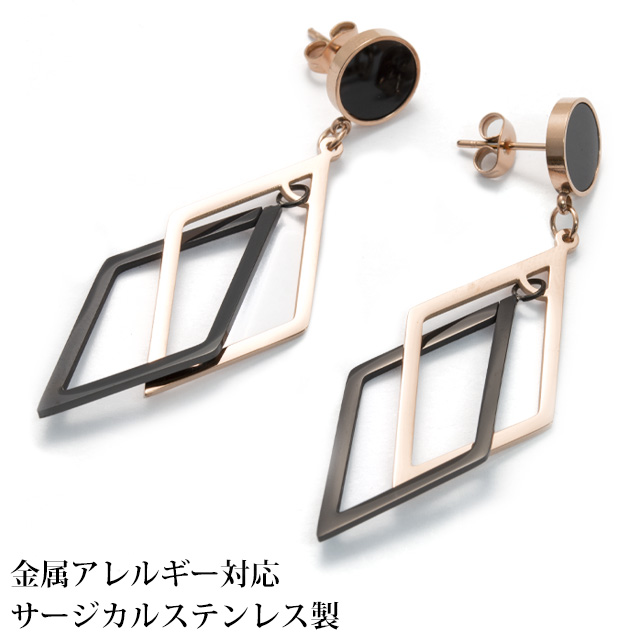 2連ダイヤフレーム&サークルプレート ステンレスピアス (1ペア) ポーチ入り