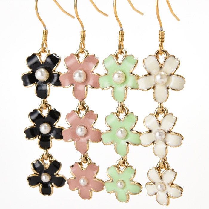 フラワー&パール ロング ステンレス ピアス(1ペア)