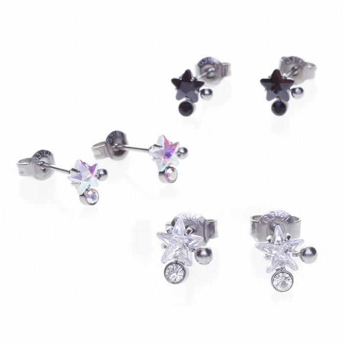 スター&ジュエルボール ステンレス ピアス(1ペア)