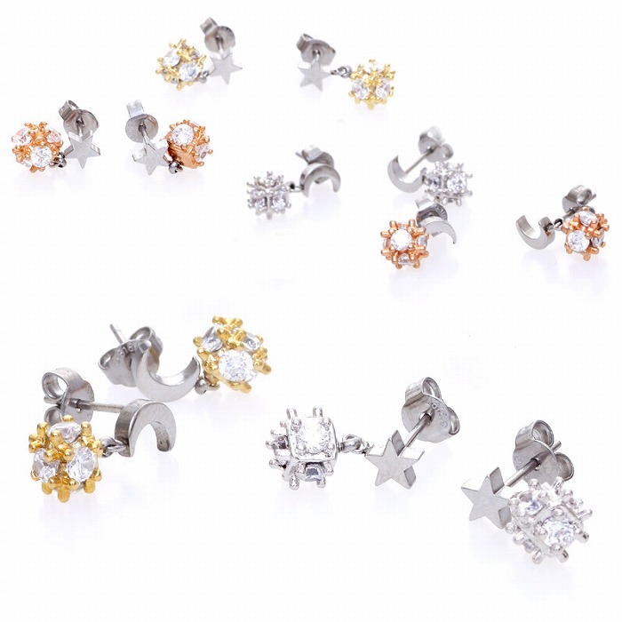 ムーン＆スター ダイスダングル ステンレス ピアス（1ペア）