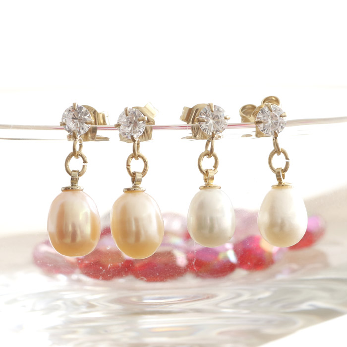 CZ&淡水パール ステンレス ピアス(1ペア)ポーチ入り